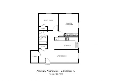 Floor plan for 2 beds, 1 bath, 790 sqft